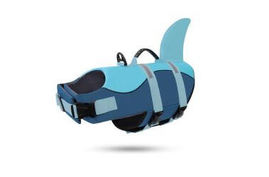 Schwimmweste für Hunde mit Haiflosse.
